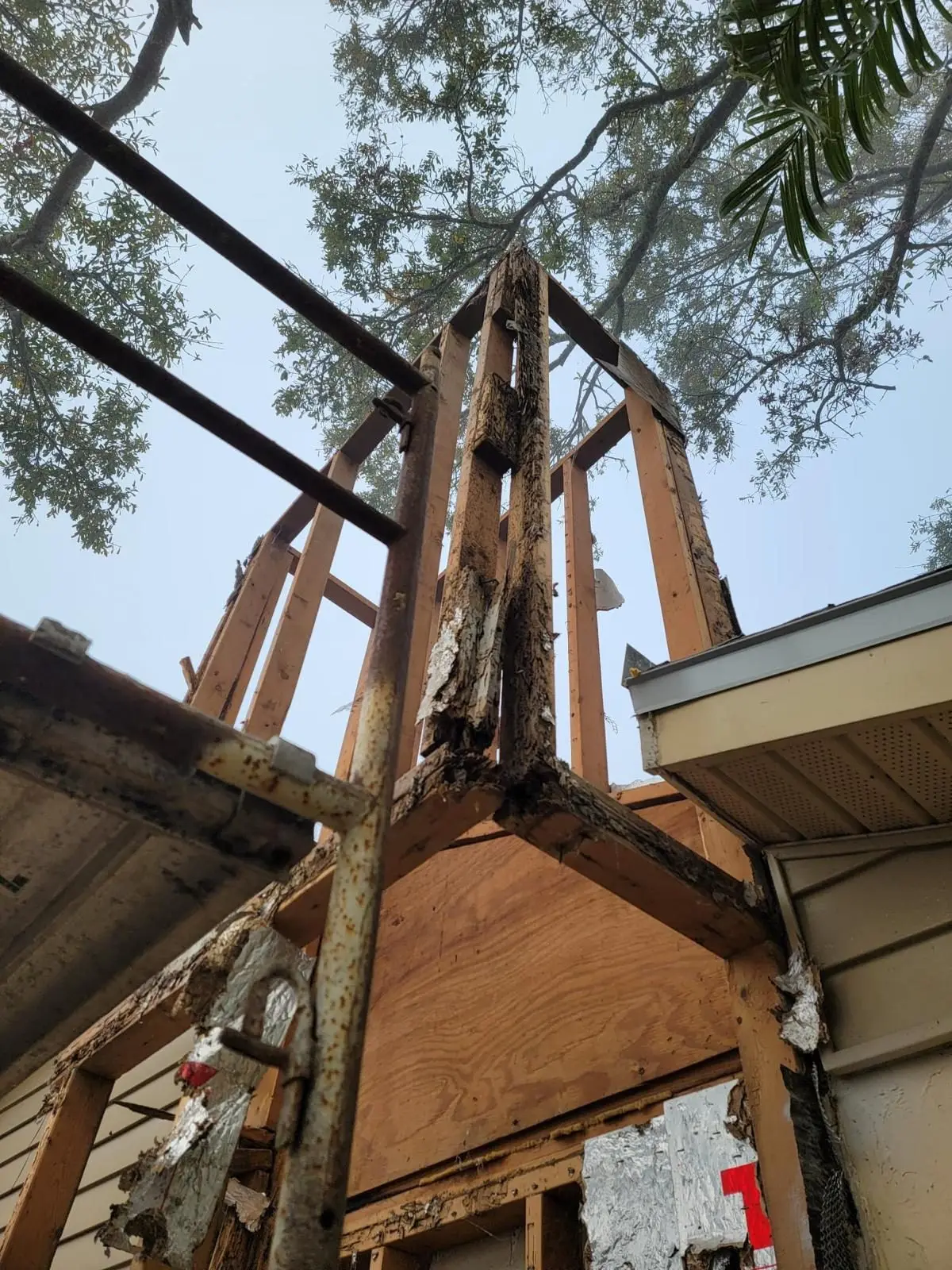 Rotted wood studs of a chimney chase frame seen from below against the sky