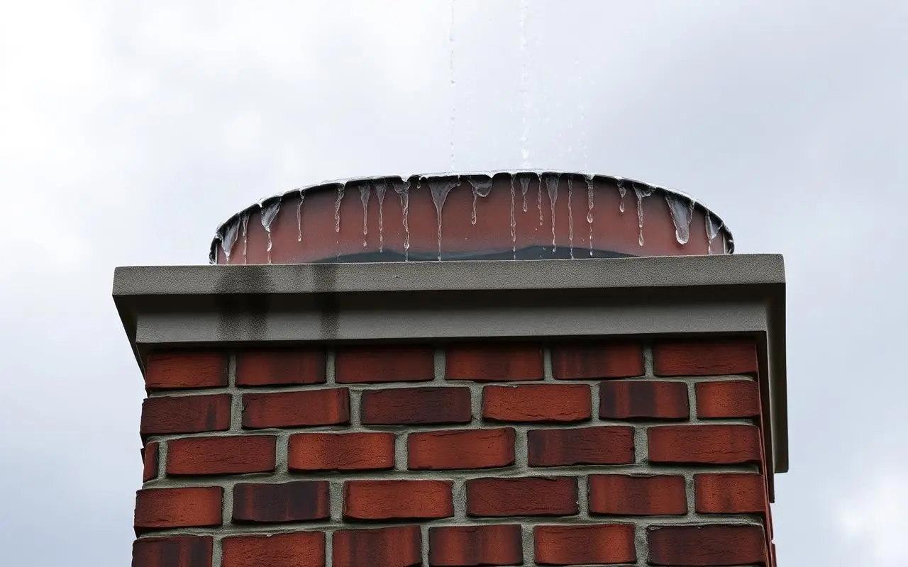 Cracked concrete crown on top of a brick chimney, seen from the roof