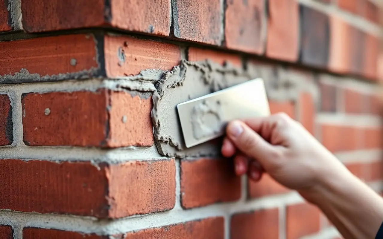 Mason pressing fresh mortar into the joints of a red brick chimney