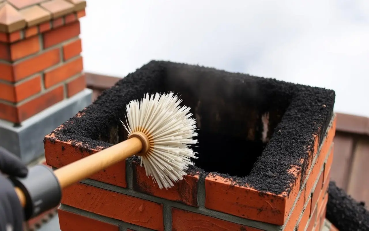 Chimney brush coming out of the top of a soot lined brick flue