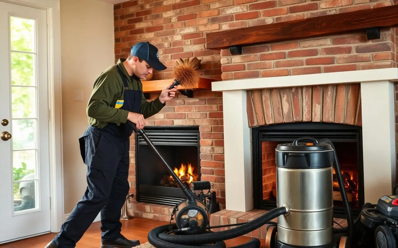 Chimney sweep working at a fireplace with brushes and a vacuum